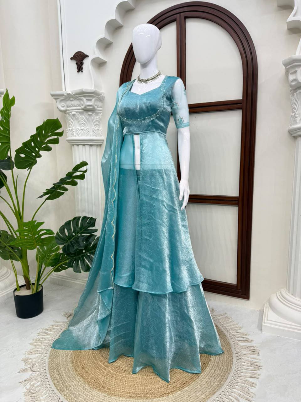 Fendy Crush Hand Work Anarkali Suit Set with Plazo and Cutwork Dupatta