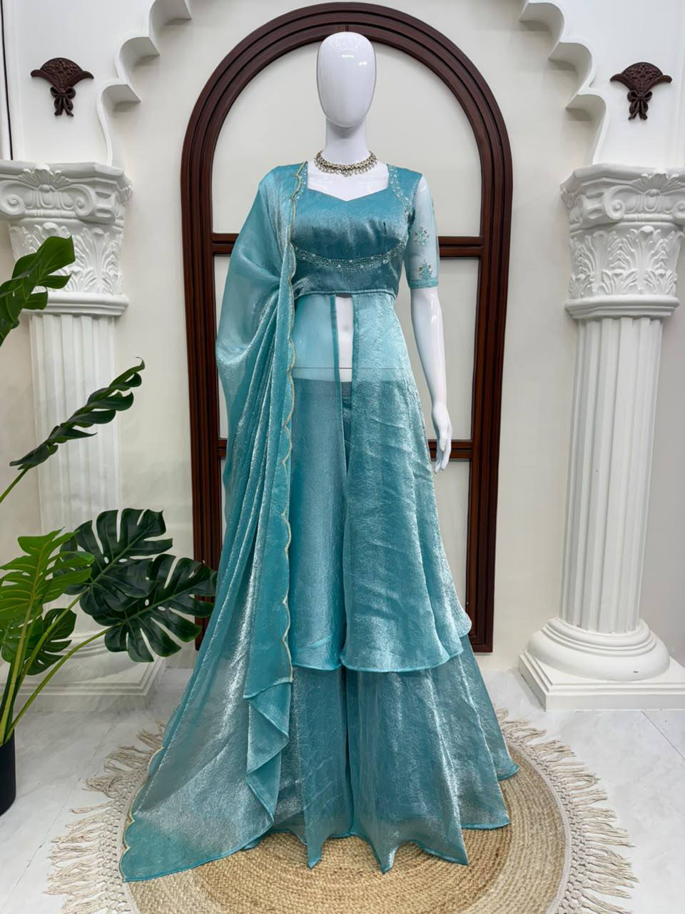 Fendy Crush Hand Work Anarkali Suit Set with Plazo and Cutwork Dupatta