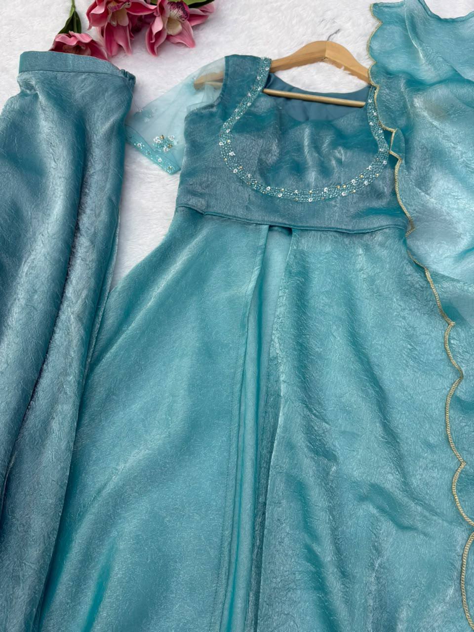 Fendy Crush Hand Work Anarkali Suit Set with Plazo and Cutwork Dupatta
