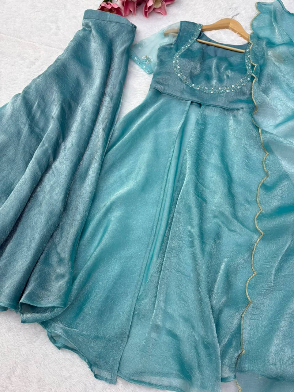 Fendy Crush Hand Work Anarkali Suit Set with Plazo and Cutwork Dupatta