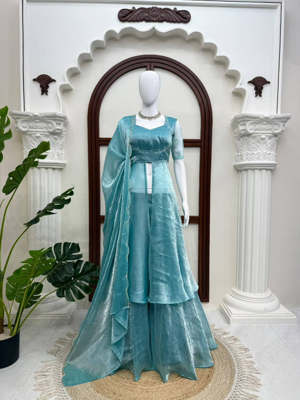 Fendy Crush Hand Work Anarkali Suit Set with Plazo and Cutwork Dupatta