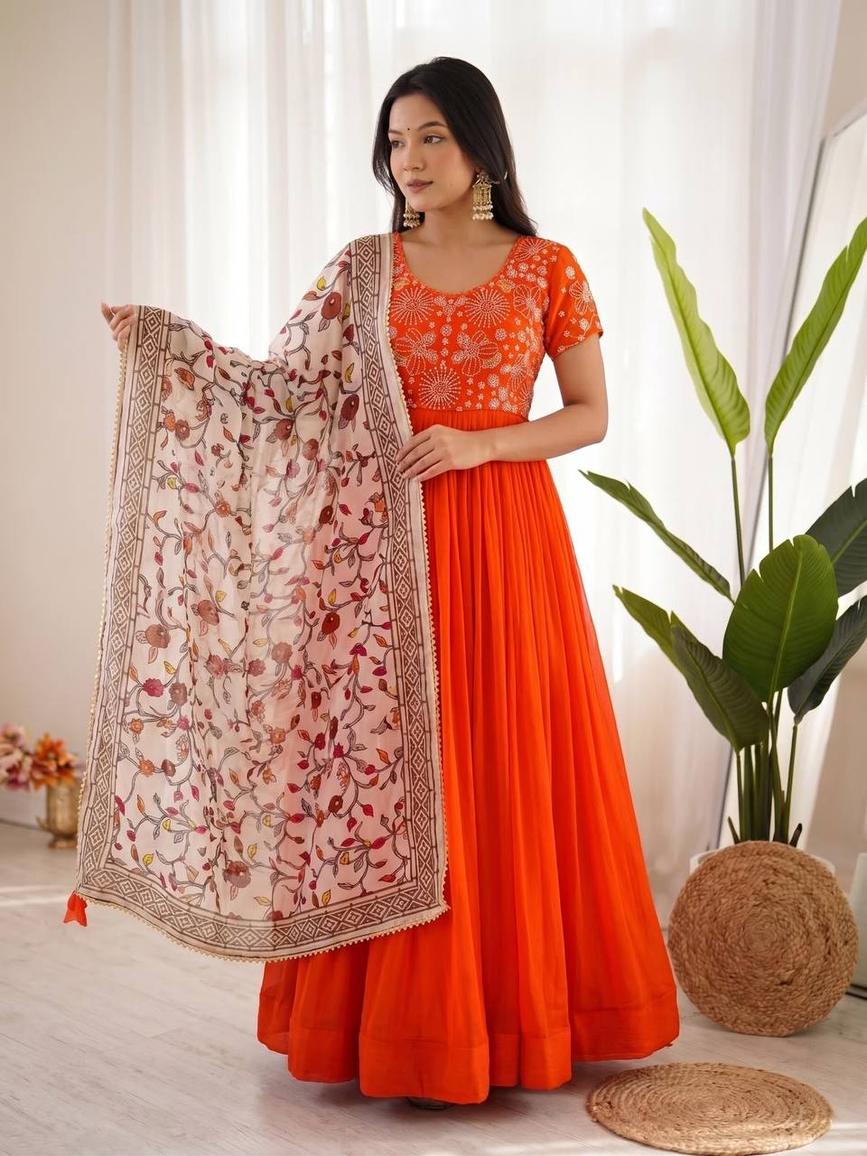Soft Georgette Silk Maggam Work Gown Set with Kalamkari Print Chinon Dupatta