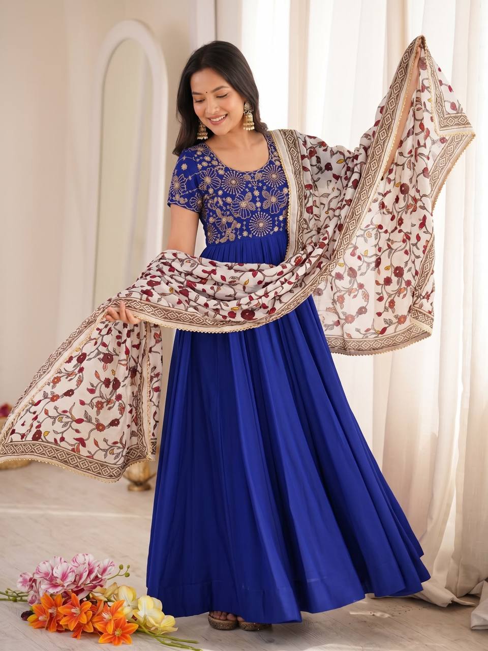 Soft Georgette Silk Maggam Work Gown Set with Kalamkari Print Chinon Dupatta