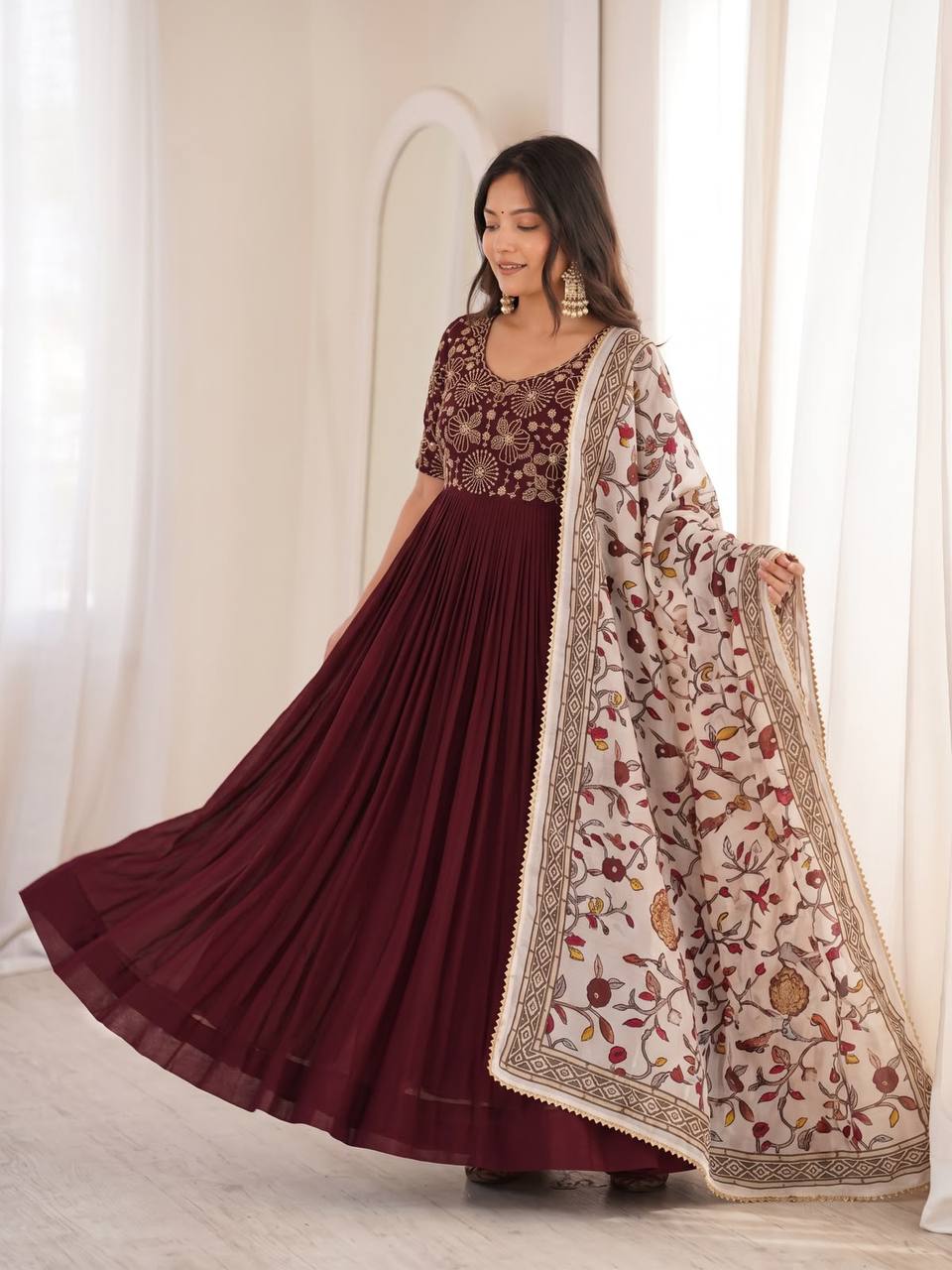 Soft Georgette Silk Maggam Work Gown Set with Kalamkari Print Chinon Dupatta