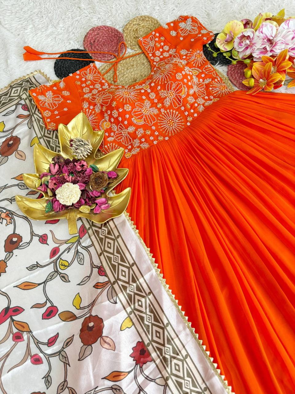 Soft Georgette Silk Maggam Work Gown Set with Kalamkari Print Chinon Dupatta