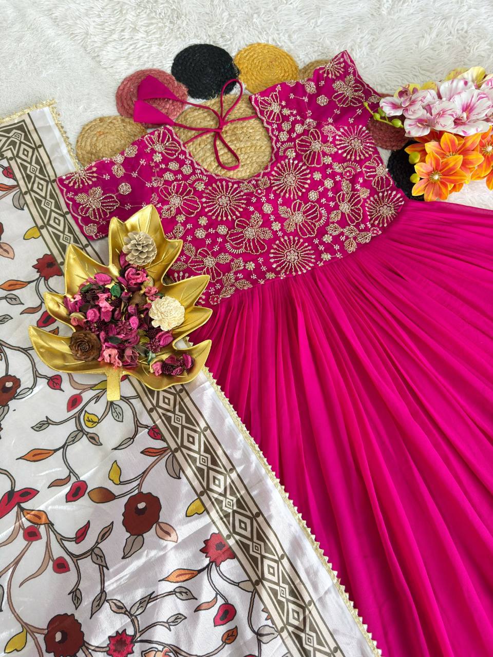 Soft Georgette Silk Maggam Work Gown Set with Kalamkari Print Chinon Dupatta