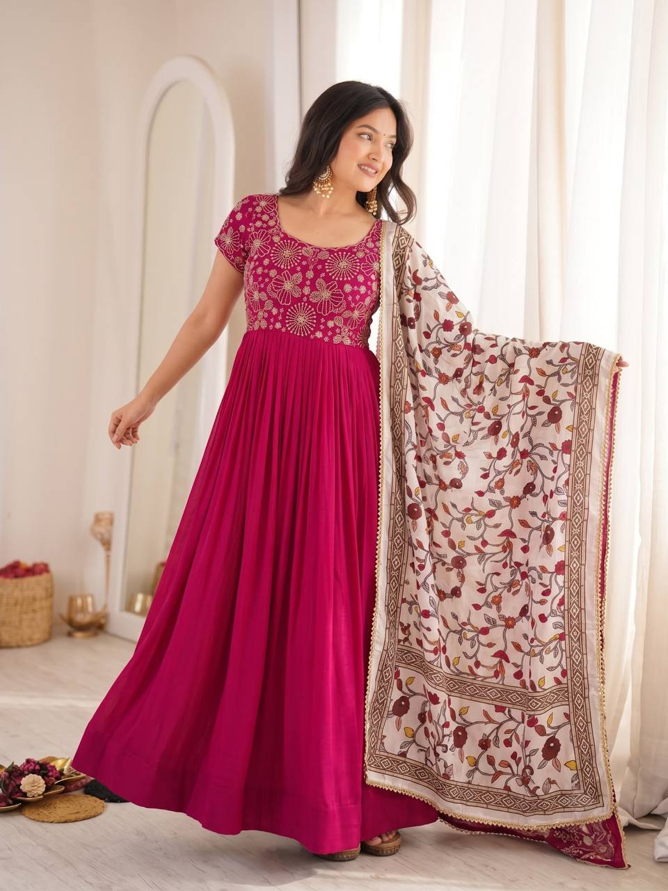 Soft Georgette Silk Maggam Work Gown Set with Kalamkari Print Chinon Dupatta