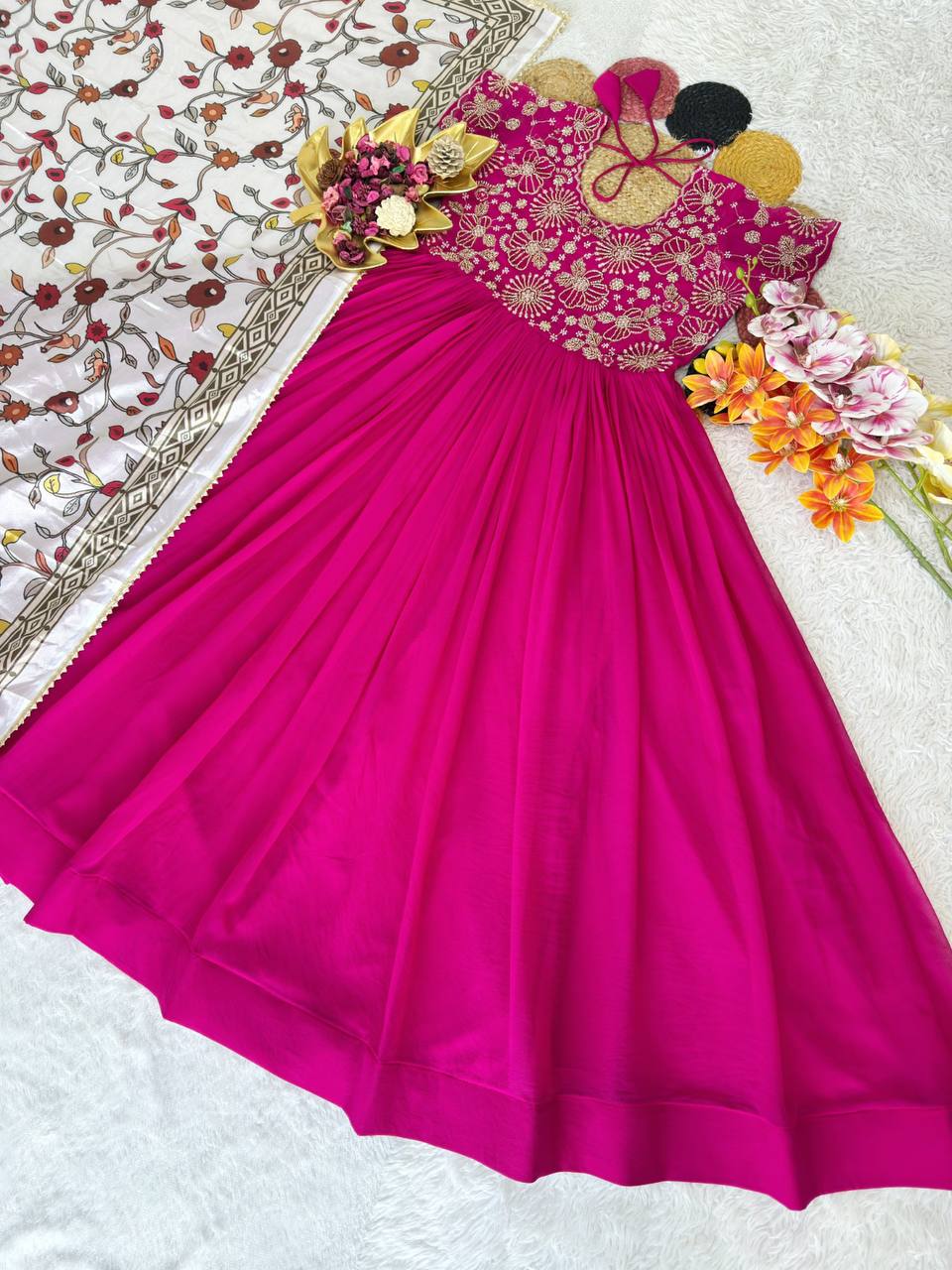 Soft Georgette Silk Maggam Work Gown Set with Kalamkari Print Chinon Dupatta