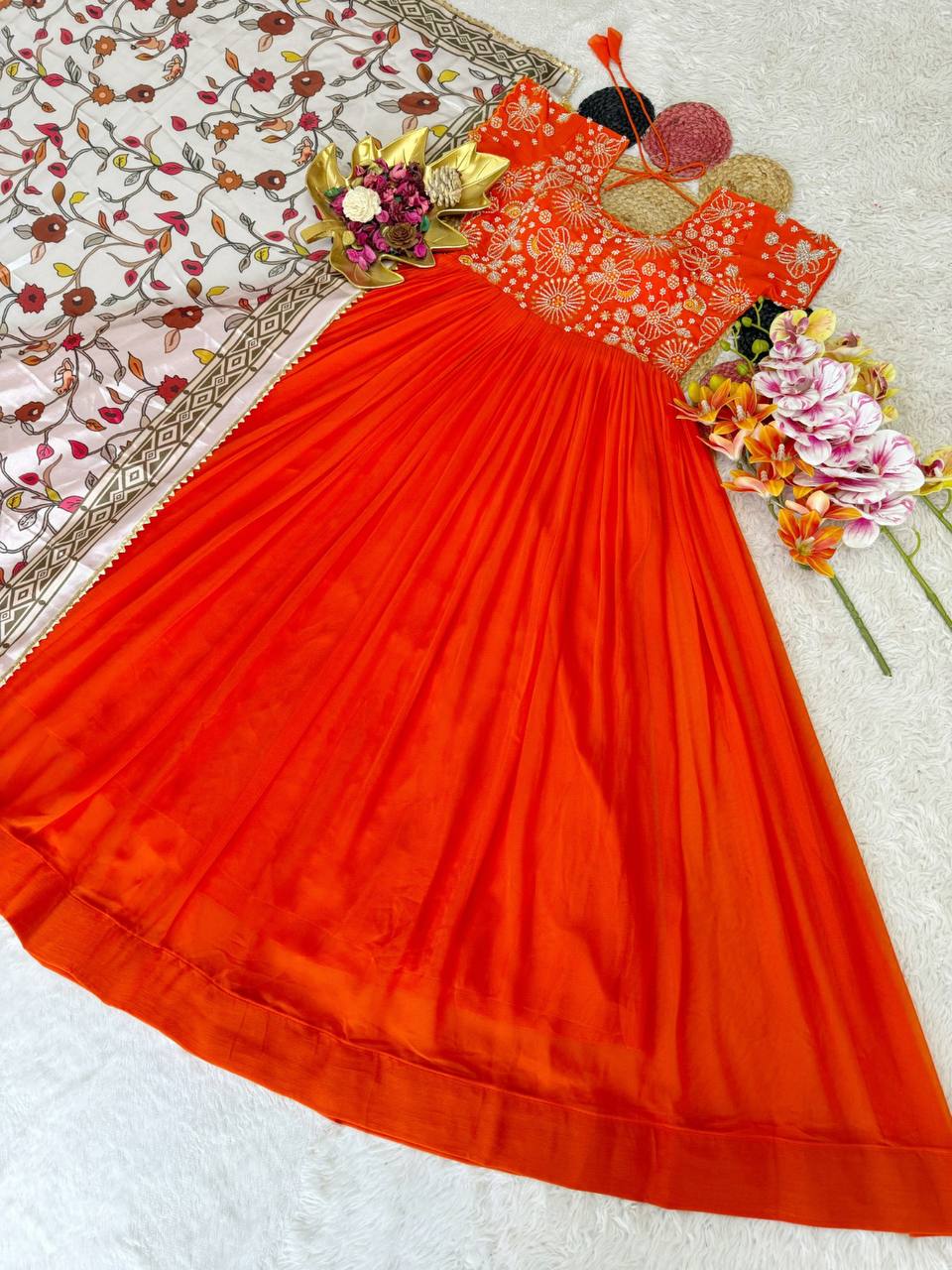Soft Georgette Silk Maggam Work Gown Set with Kalamkari Print Chinon Dupatta