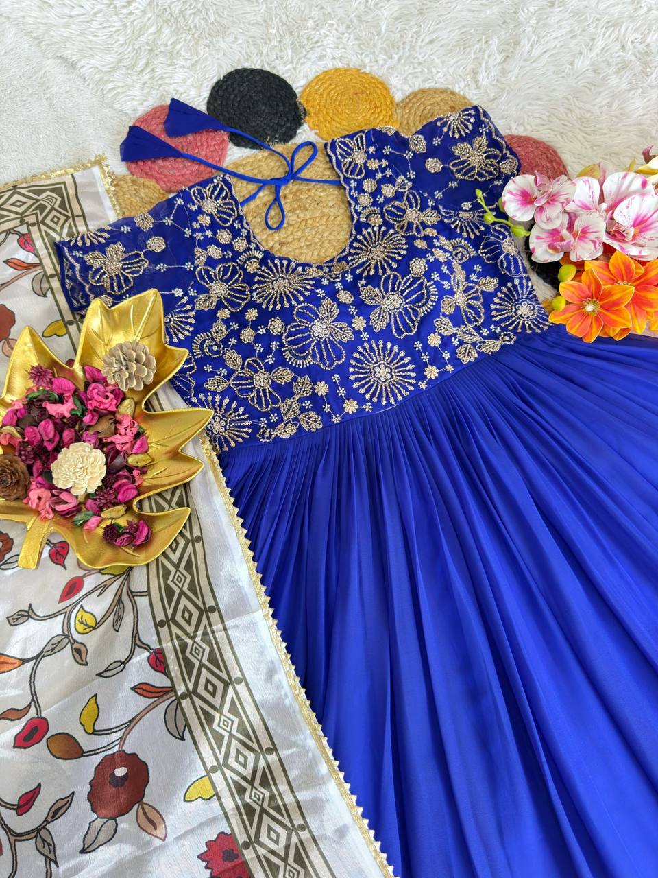 Soft Georgette Silk Maggam Work Gown Set with Kalamkari Print Chinon Dupatta