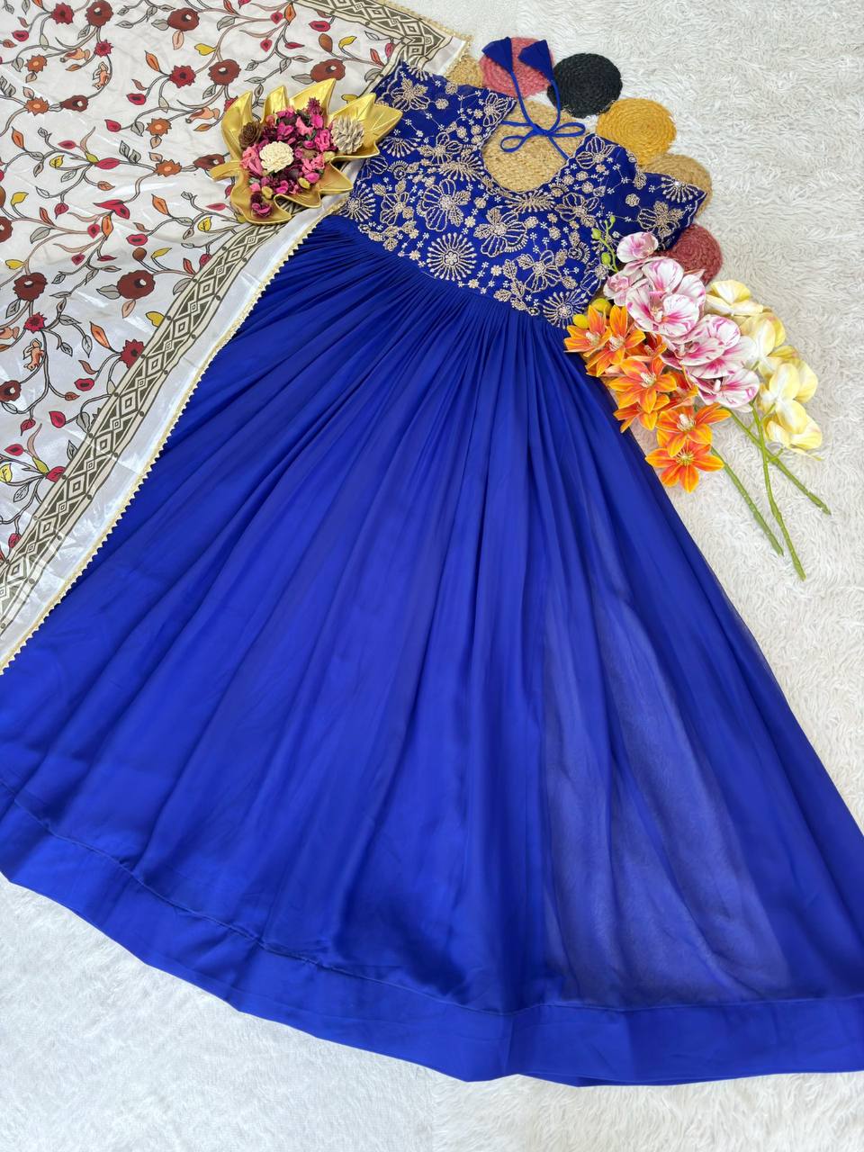 Soft Georgette Silk Maggam Work Gown Set with Kalamkari Print Chinon Dupatta