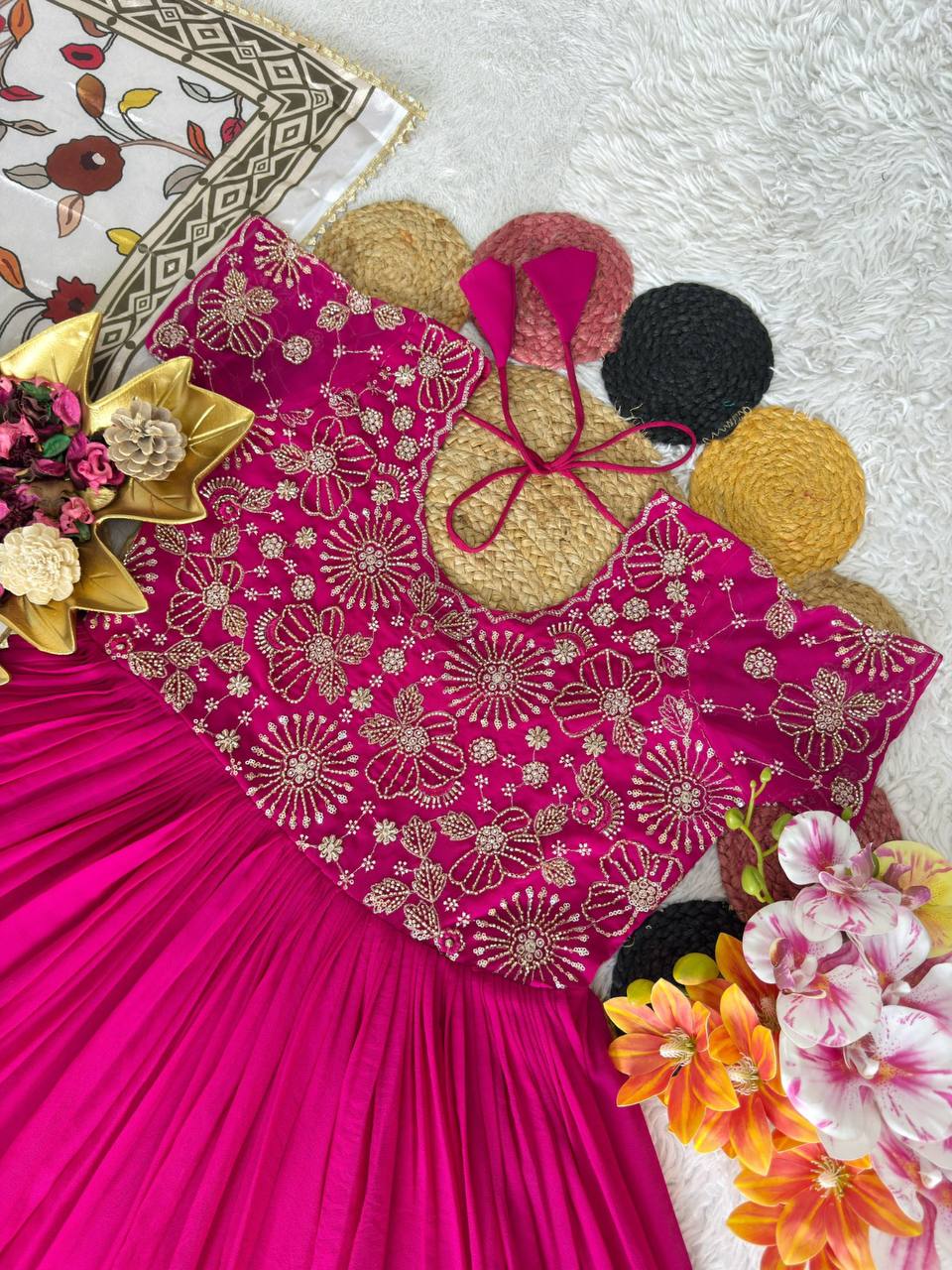 Soft Georgette Silk Maggam Work Gown Set with Kalamkari Print Chinon Dupatta