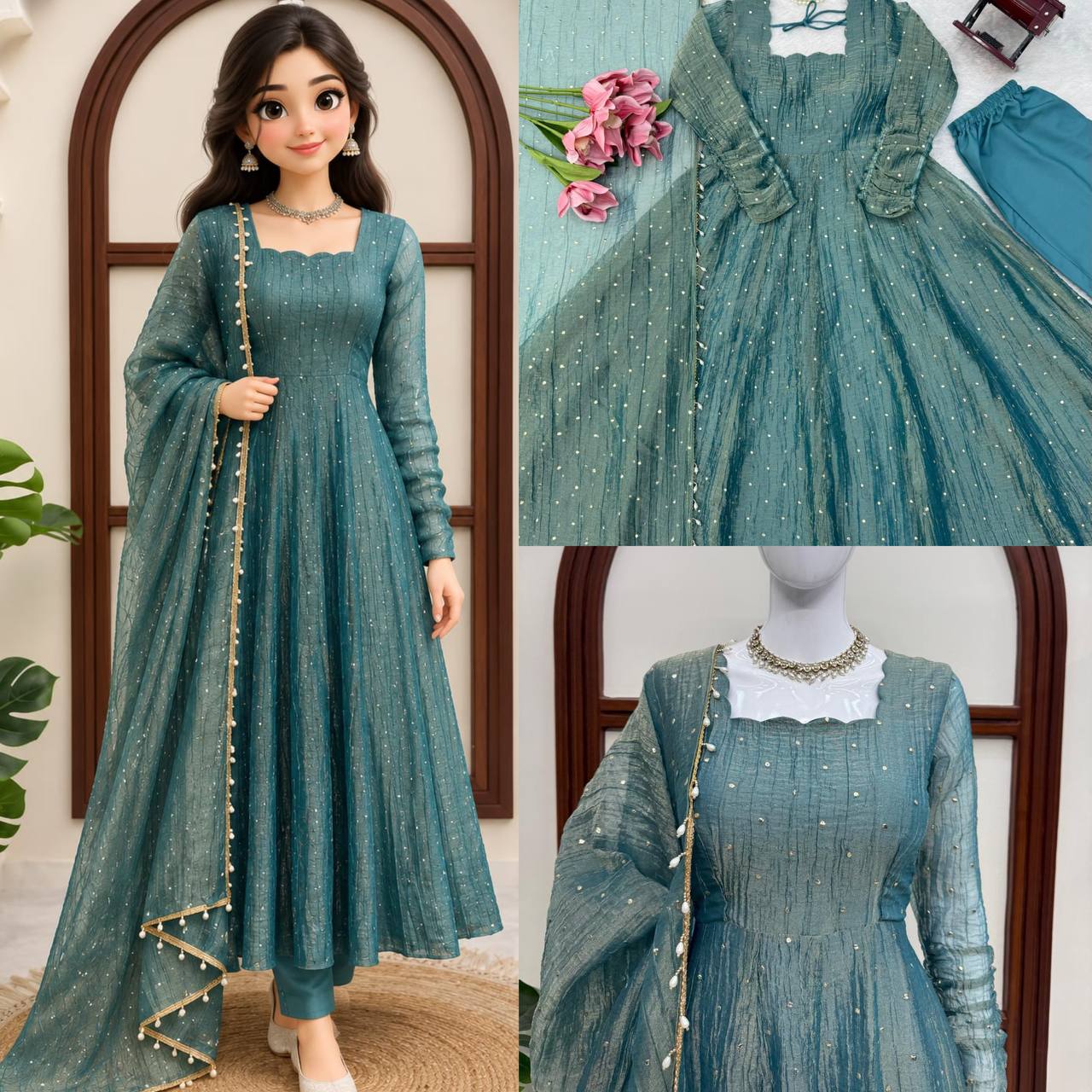 Designer Salsa Silk Foil Work Gown Set with Stitched Pant and Dupatta
