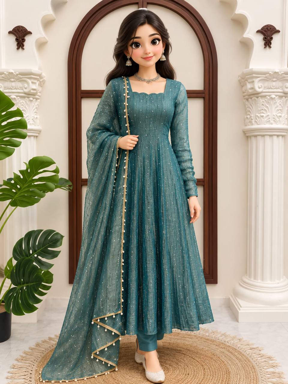 Designer Salsa Silk Foil Work Gown Set with Stitched Pant and Dupatta