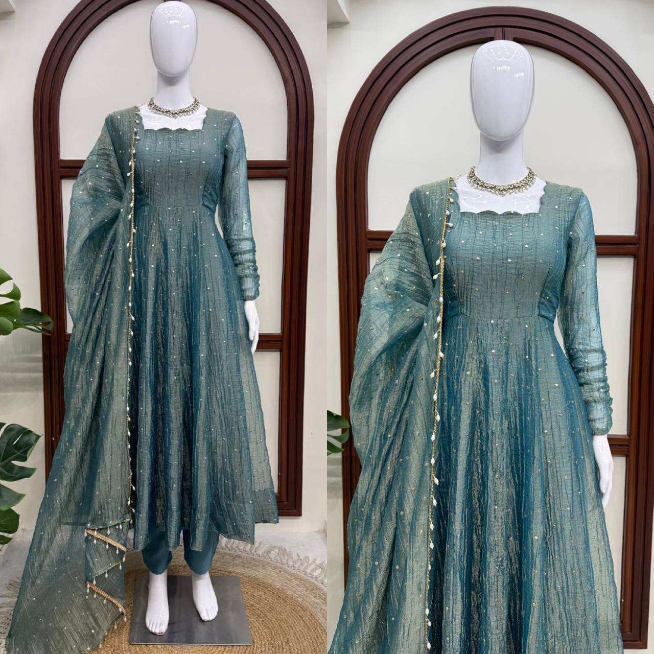 Designer Salsa Silk Foil Work Gown Set with Stitched Pant and Dupatta