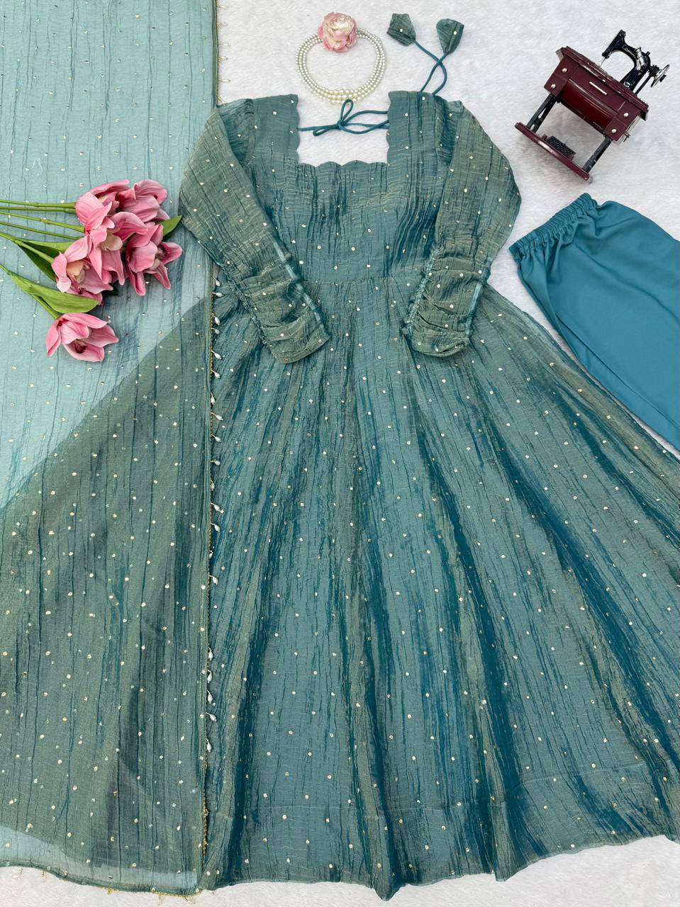 Designer Salsa Silk Foil Work Gown Set with Stitched Pant and Dupatta