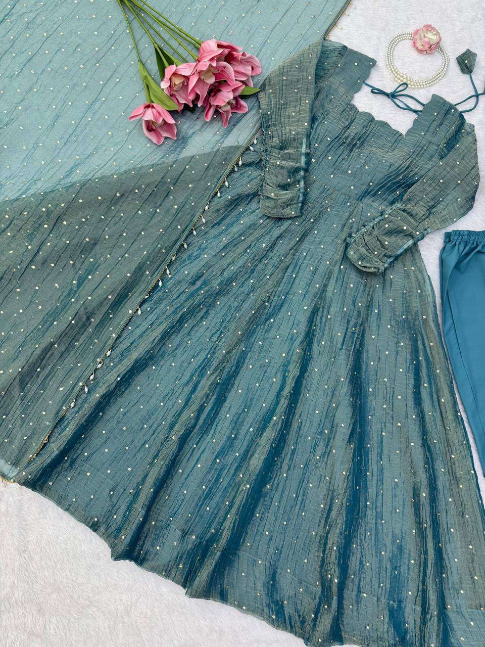 Designer Salsa Silk Foil Work Gown Set with Stitched Pant and Dupatta