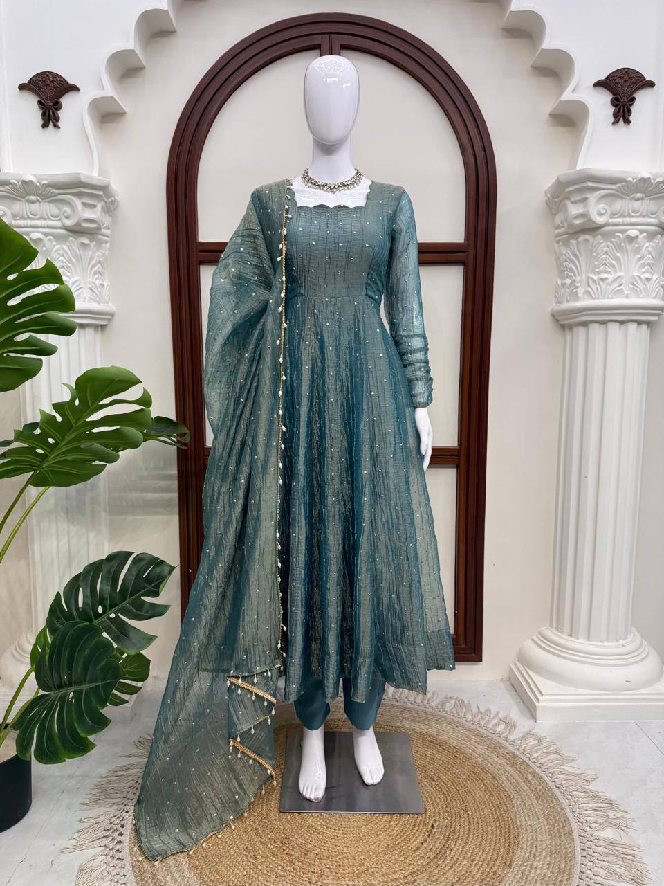 Designer Salsa Silk Foil Work Gown Set with Stitched Pant and Dupatta