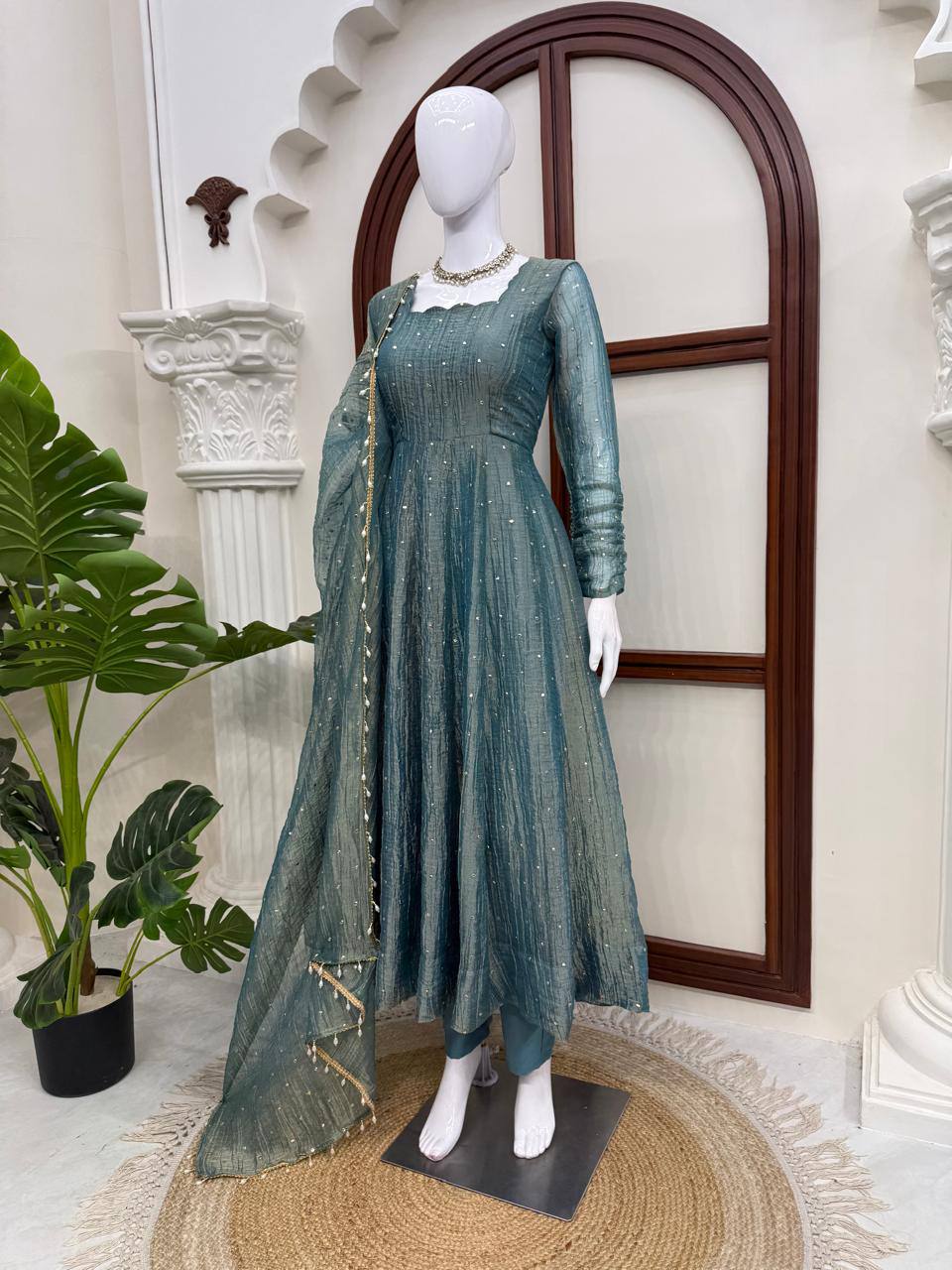 Designer Salsa Silk Foil Work Gown Set with Stitched Pant and Dupatta