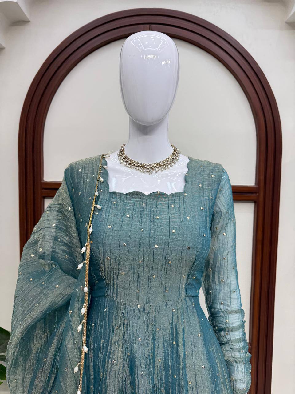 Designer Salsa Silk Foil Work Gown Set with Stitched Pant and Dupatta