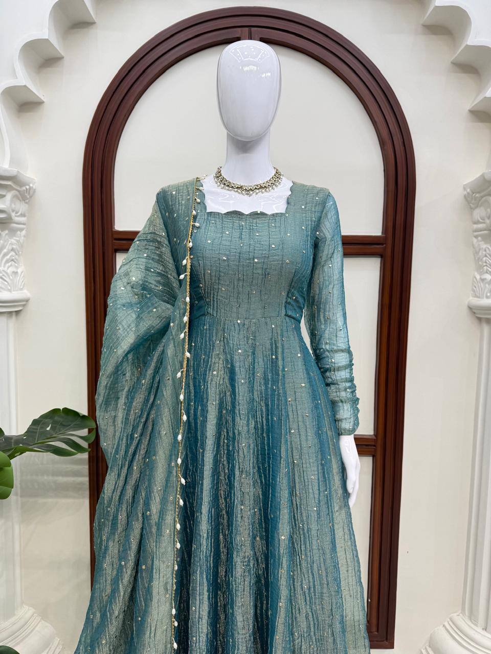 Designer Salsa Silk Foil Work Gown Set with Stitched Pant and Dupatta