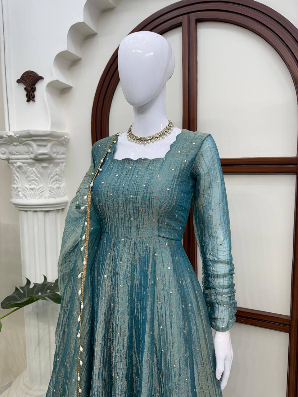 Designer Salsa Silk Foil Work Gown Set with Stitched Pant and Dupatta