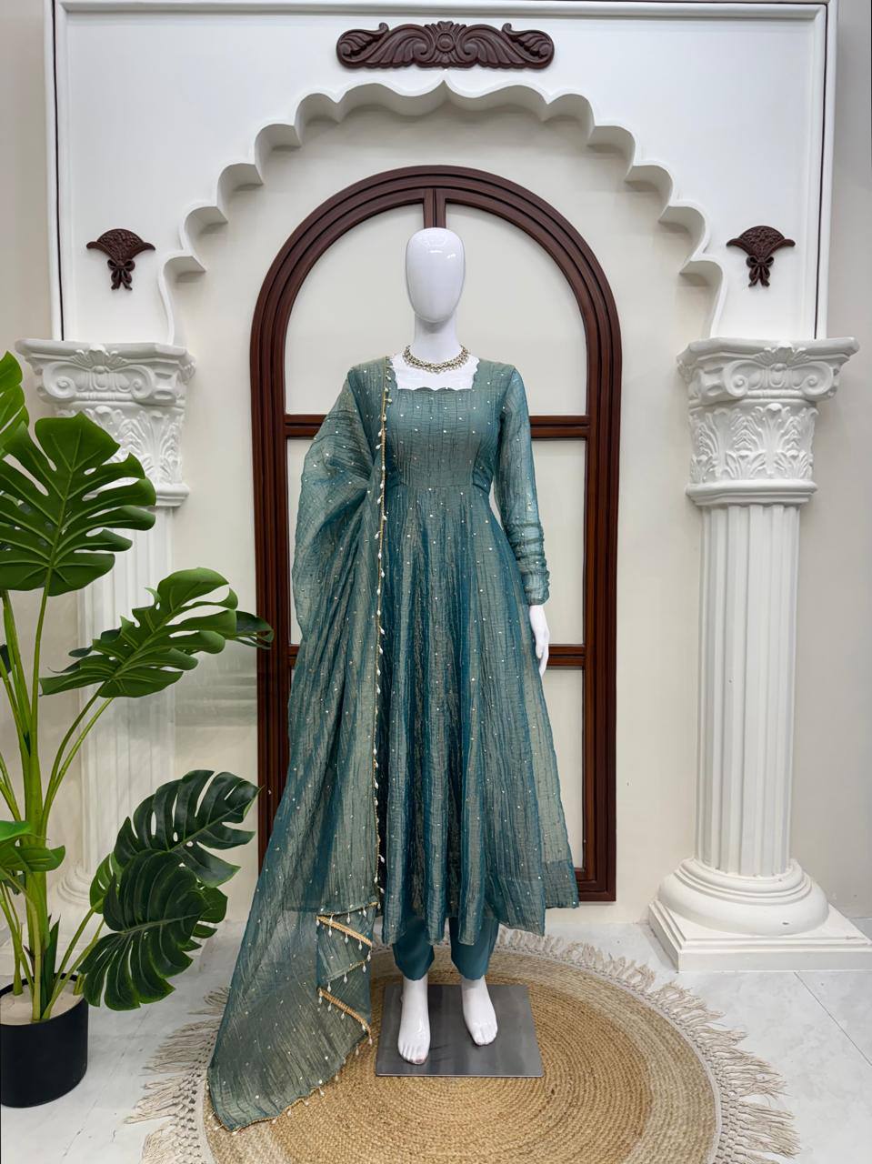 Designer Salsa Silk Foil Work Gown Set with Stitched Pant and Dupatta