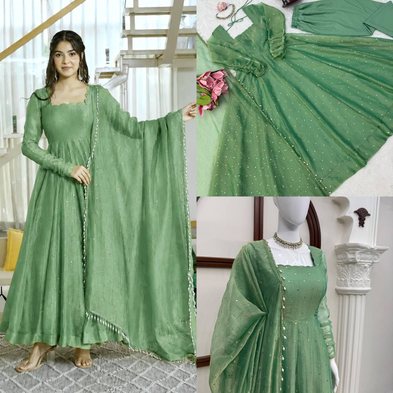 Designer Salsa Silk Foil Work Gown Set with Stitched Pant and Dupatta