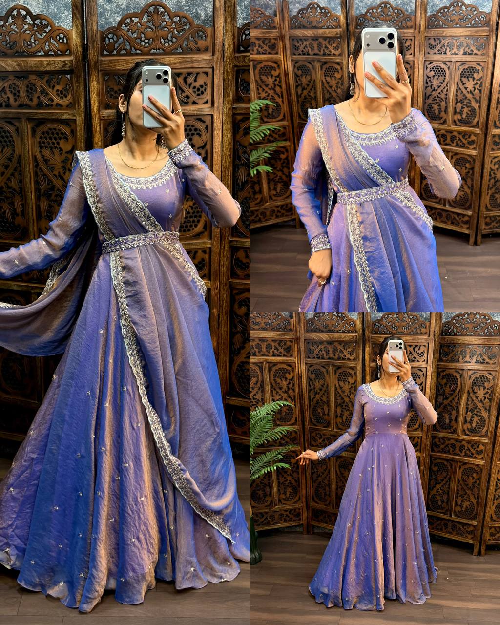 Premium South Silk Flared Gown Set with Matching Dupatta and Waist Belt