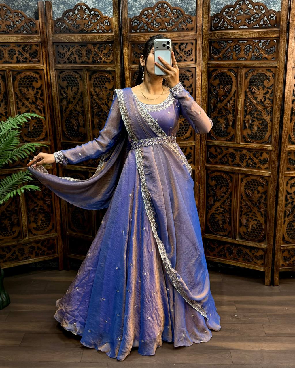 Premium South Silk Flared Gown Set with Matching Dupatta and Waist Belt