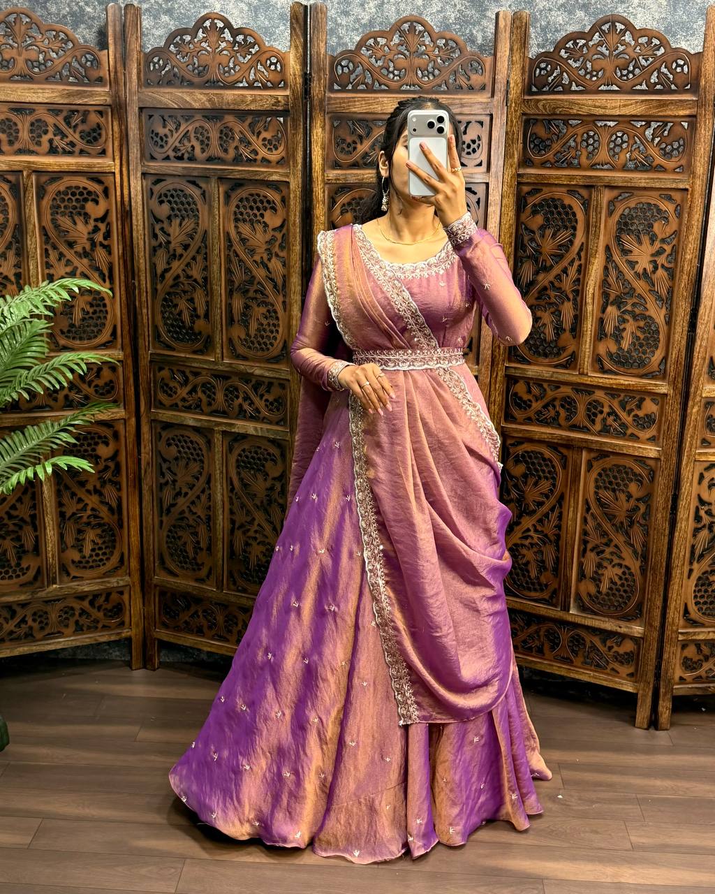 Premium South Silk Flared Gown Set with Matching Dupatta and Waist Belt