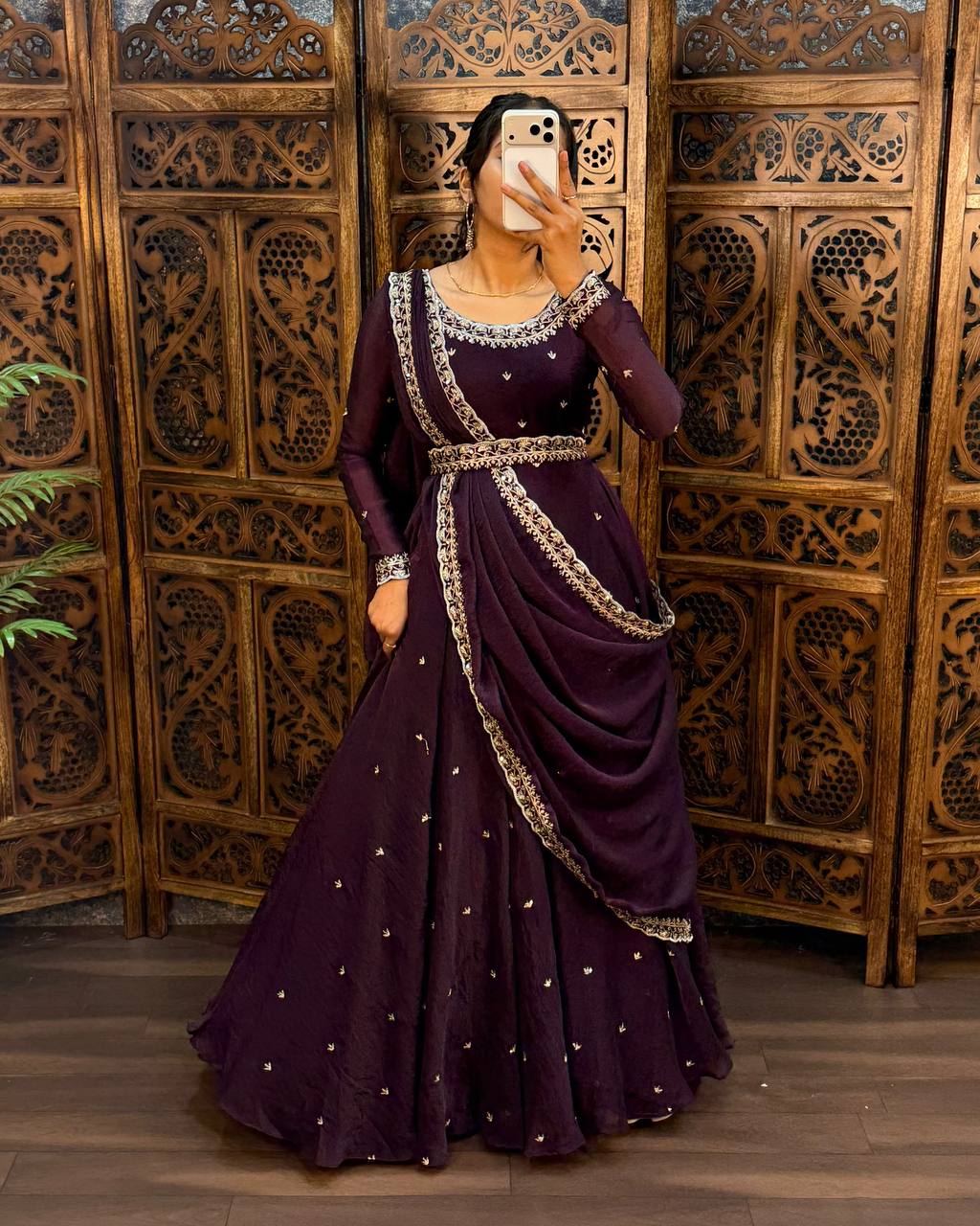 Premium South Silk Flared Gown Set with Matching Dupatta and Waist Belt