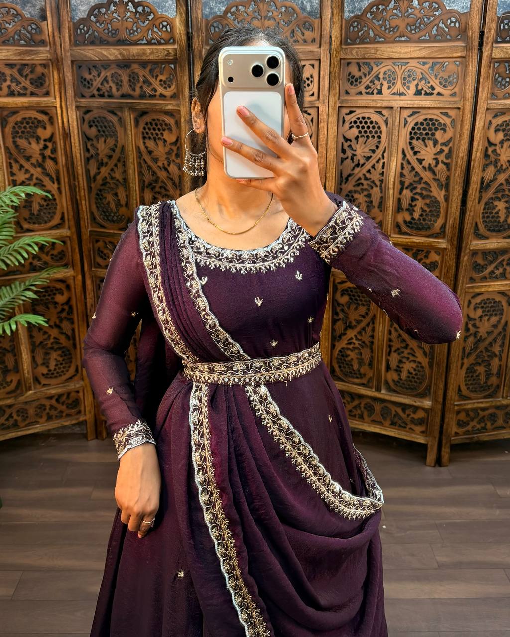 Premium South Silk Flared Gown Set with Matching Dupatta and Waist Belt
