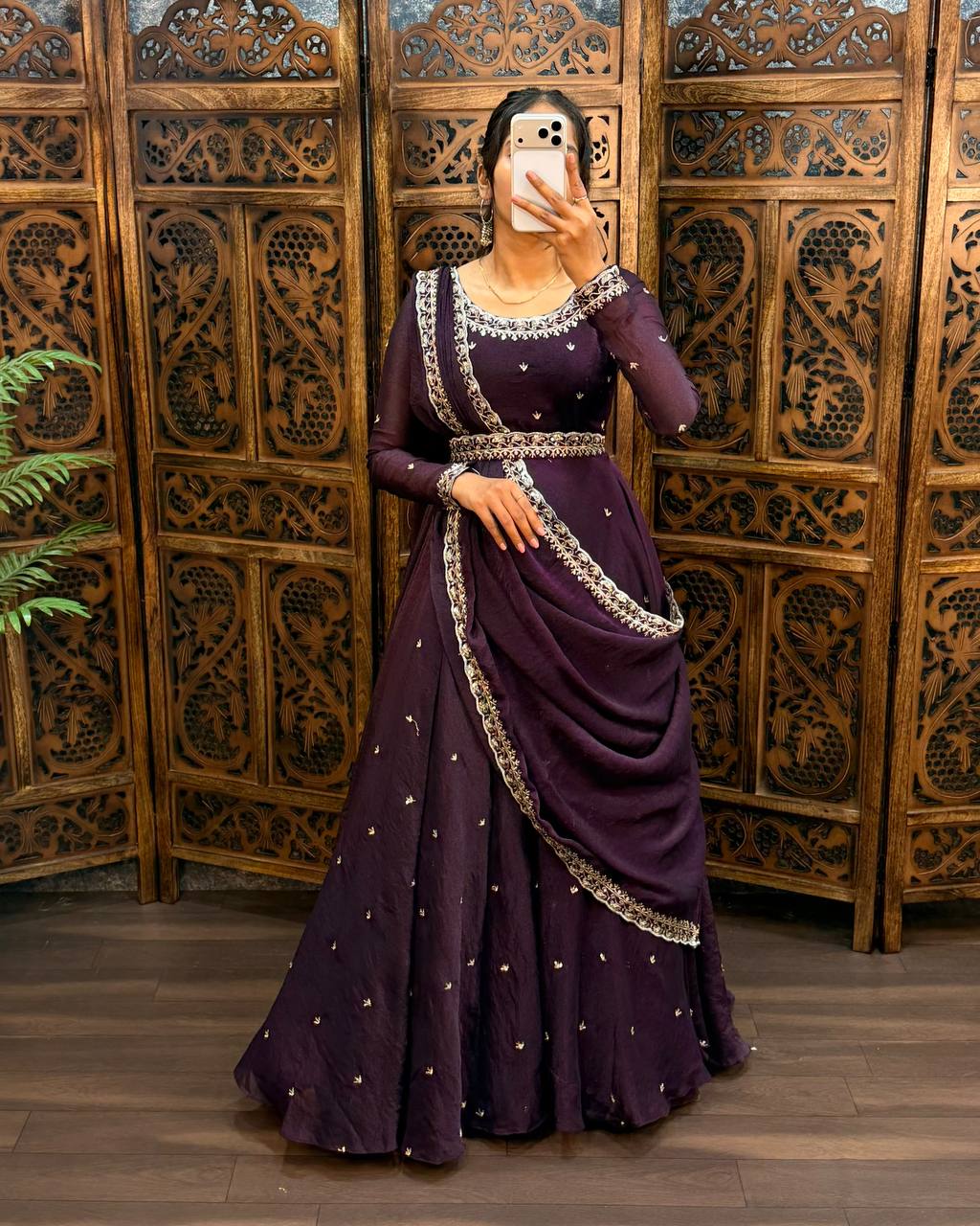 Premium South Silk Flared Gown Set with Matching Dupatta and Waist Belt