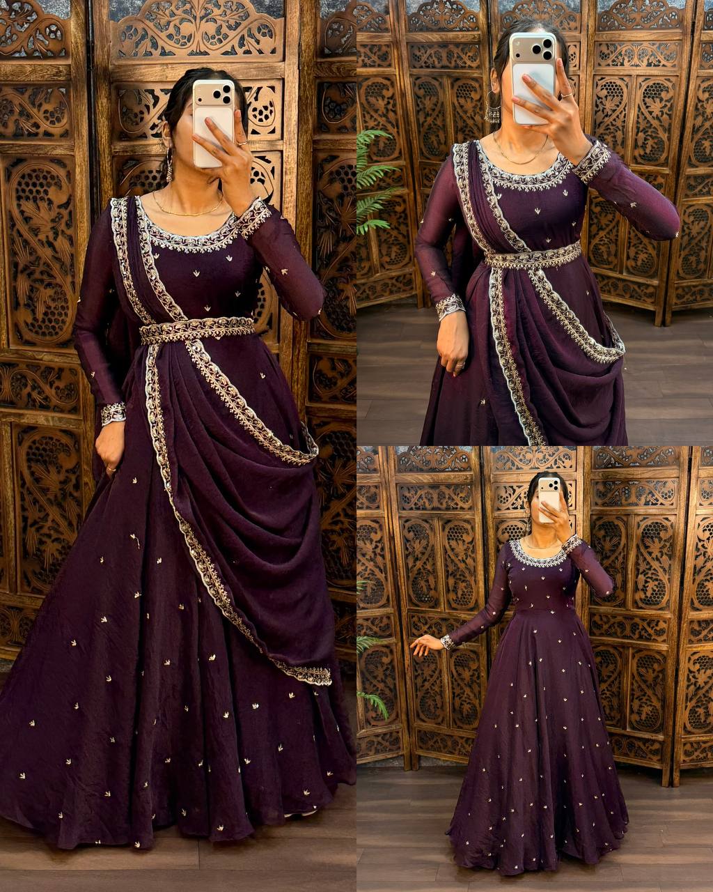 Premium South Silk Flared Gown Set with Matching Dupatta and Waist Belt