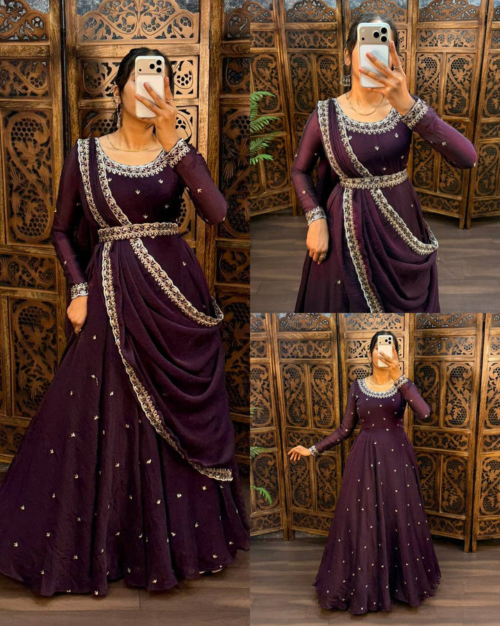Premium South Silk Flared Gown Set with Matching Dupatta and Waist Belt