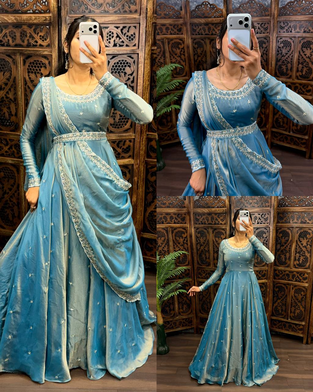 Premium South Silk Flared Gown Set with Matching Dupatta and Waist Belt