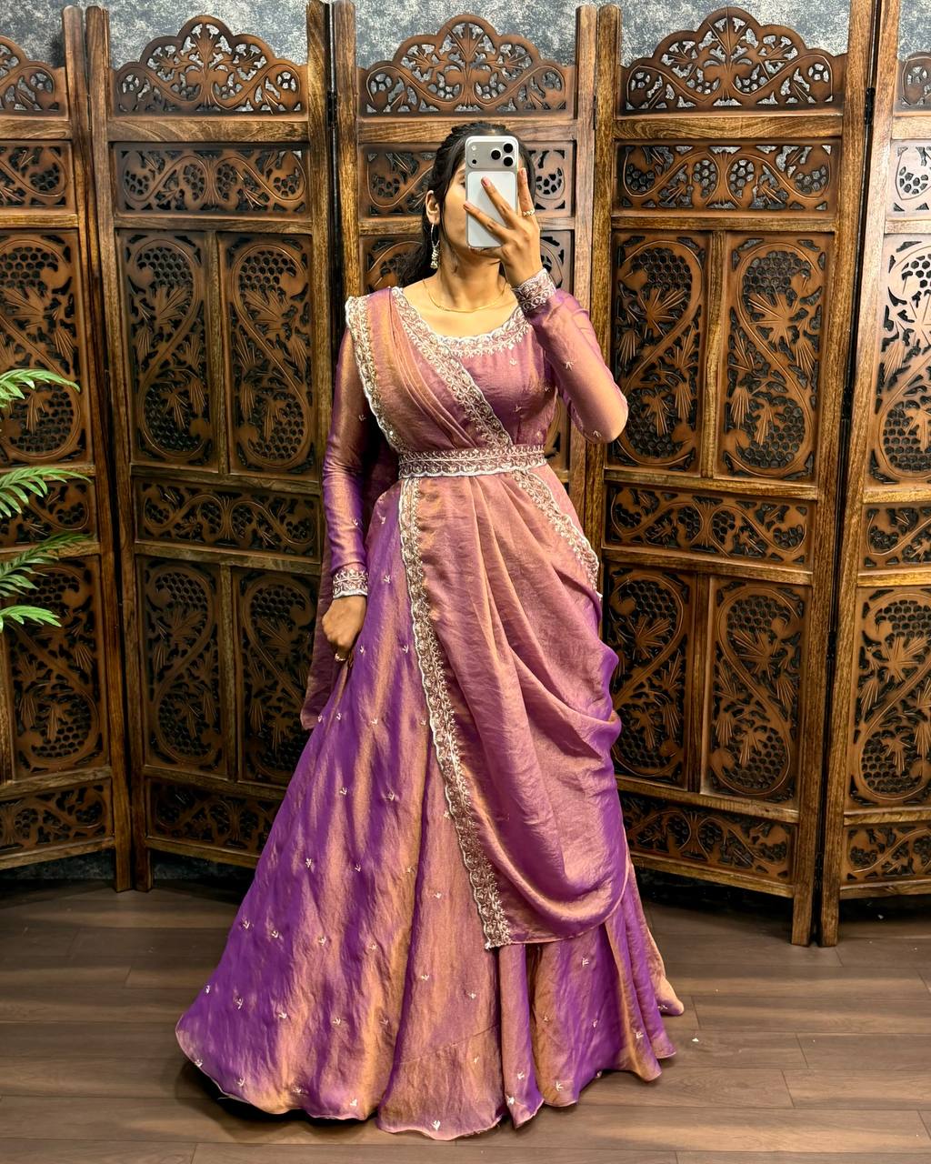 Premium South Silk Flared Gown Set with Matching Dupatta and Waist Belt
