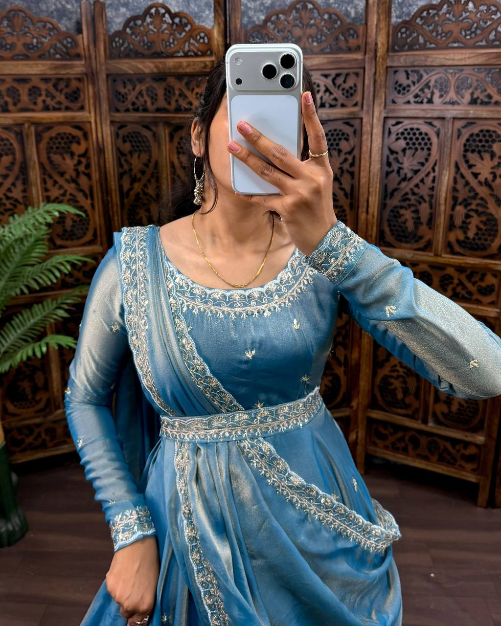 Premium South Silk Flared Gown Set with Matching Dupatta and Waist Belt