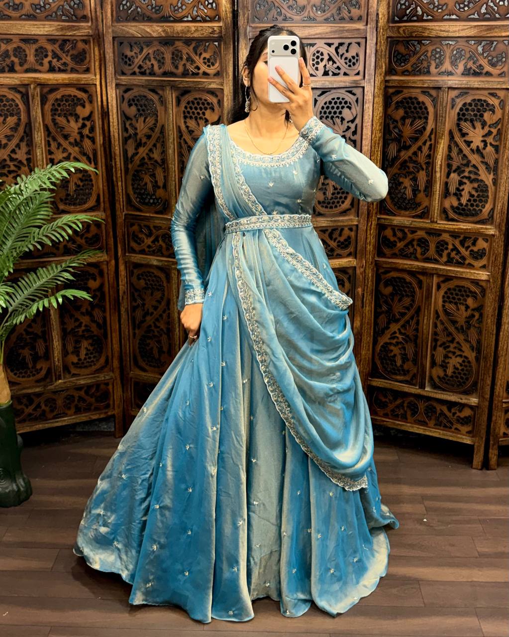 Premium South Silk Flared Gown Set with Matching Dupatta and Waist Belt