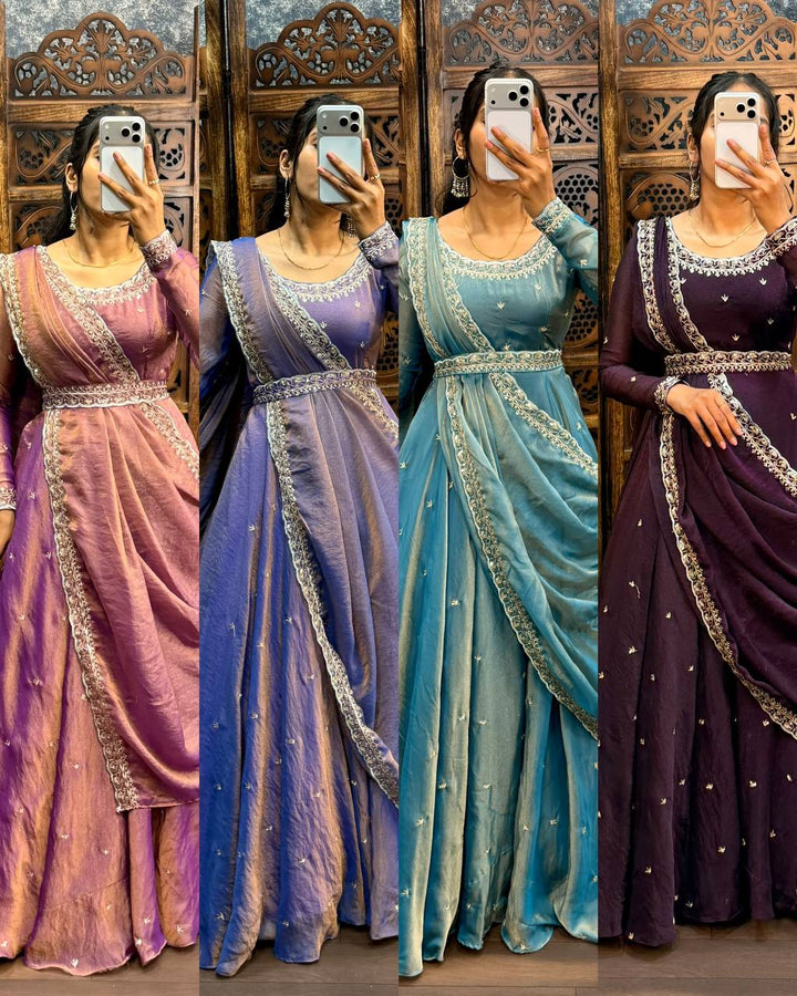 Premium South Silk Flared Gown Set with Matching Dupatta and Waist Belt