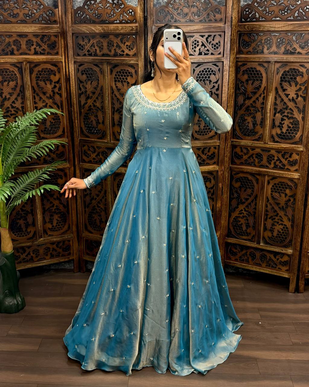 Premium South Silk Flared Gown Set with Matching Dupatta and Waist Belt