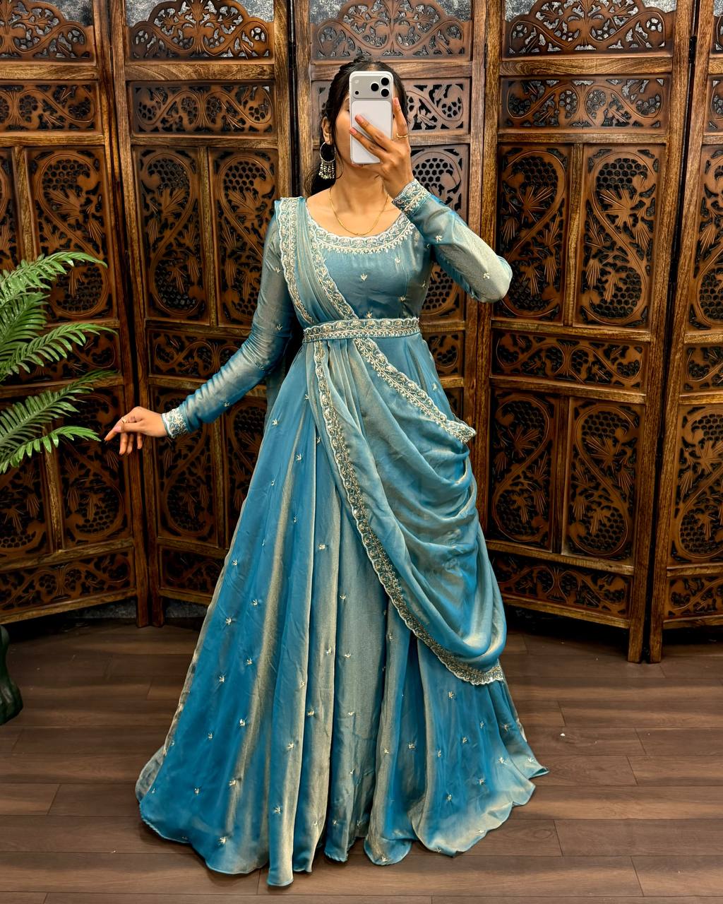 Premium South Silk Flared Gown Set with Matching Dupatta and Waist Belt