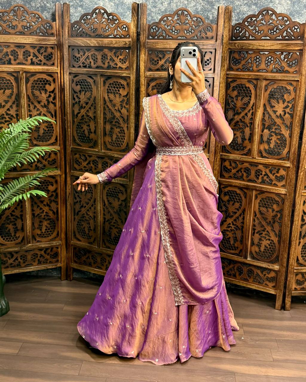 Premium South Silk Flared Gown Set with Matching Dupatta and Waist Belt