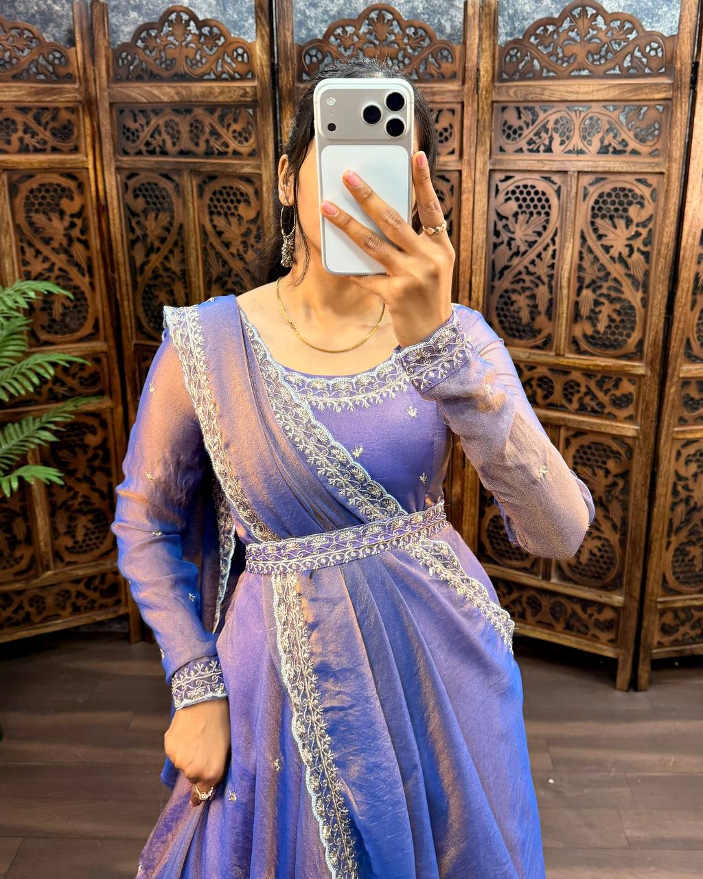 Premium South Silk Flared Gown Set with Matching Dupatta and Waist Belt