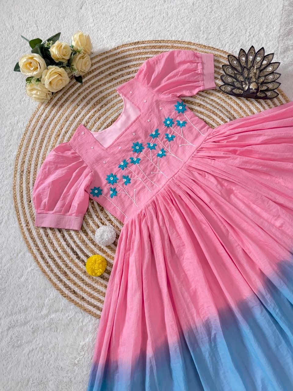 Premium Soft Mul Cotton Pedding Colour With Hand Work Gown