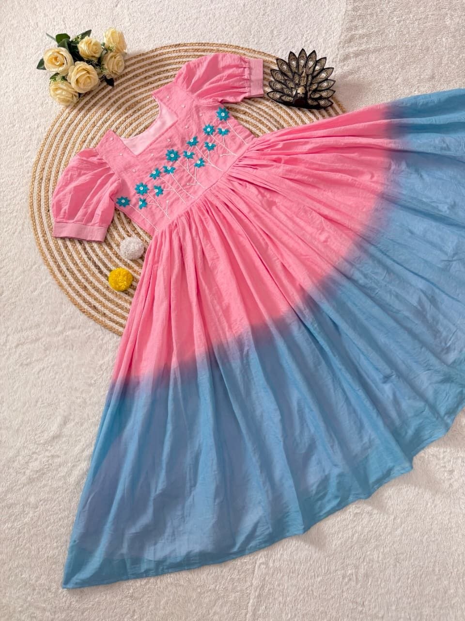 Premium Soft Mul Cotton Pedding Colour With Hand Work Gown