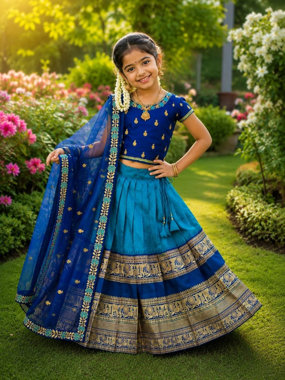 💙 Royal Blue Zari Weave Kids Lehenga Choli with Voni 💙