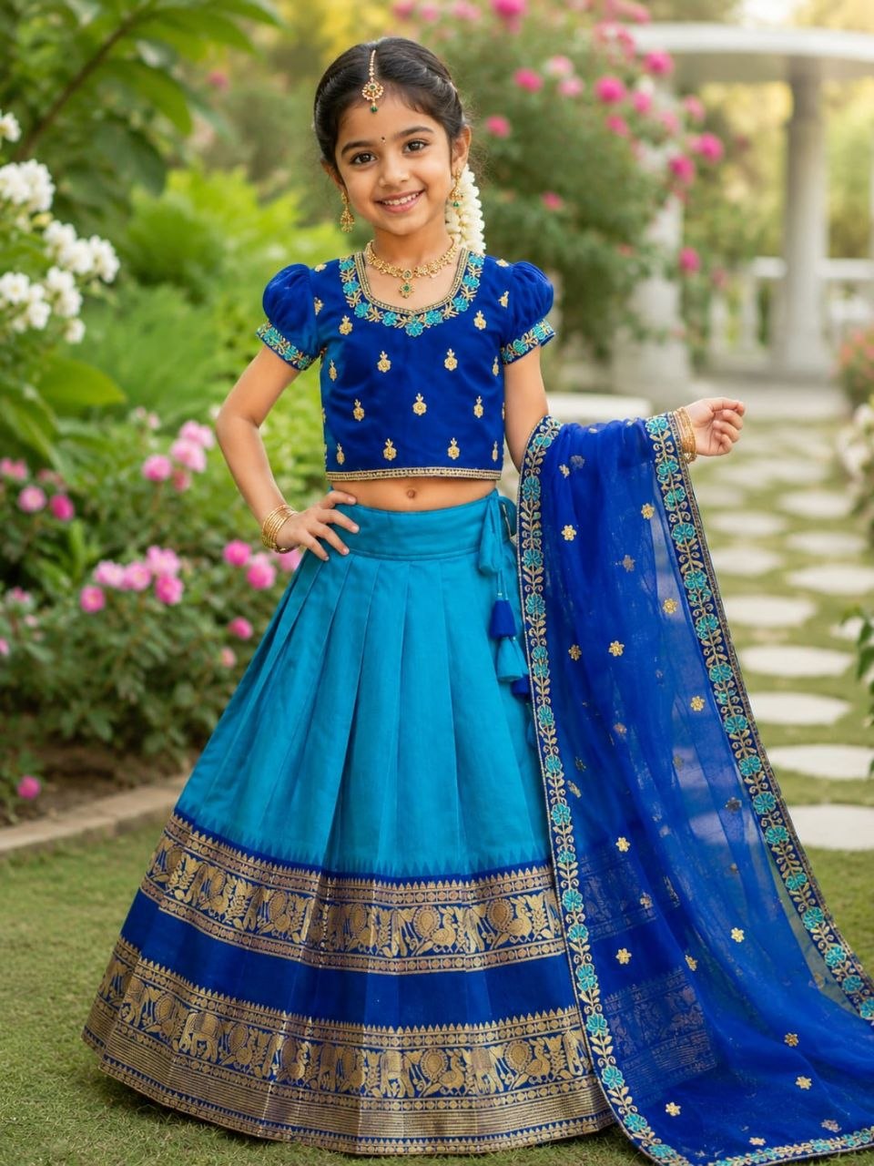 💙 Royal Blue Zari Weave Kids Lehenga Choli with Voni 💙