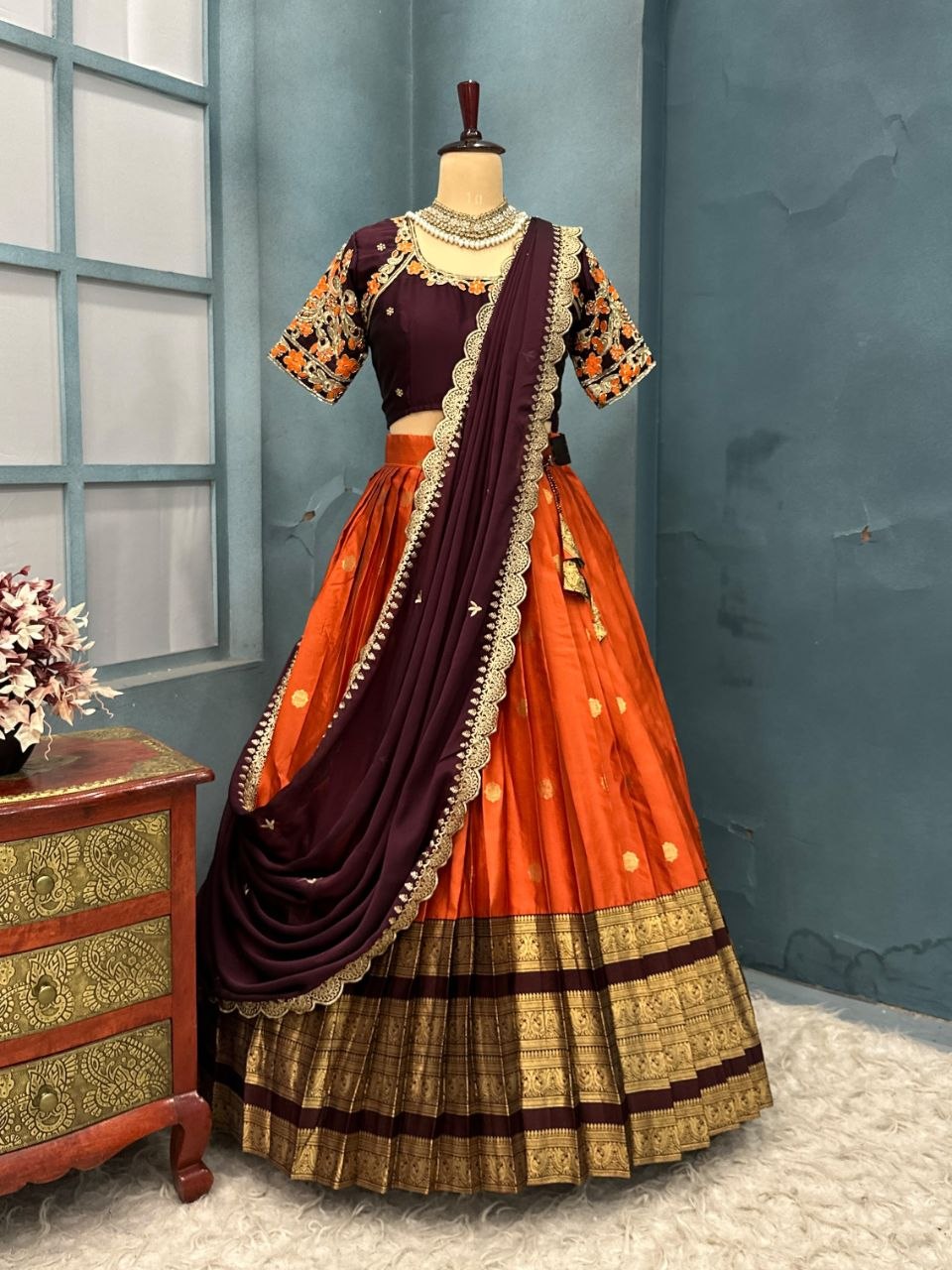 Premium Quality Pure Kanjivaram Silk Full Stiched Half Saree